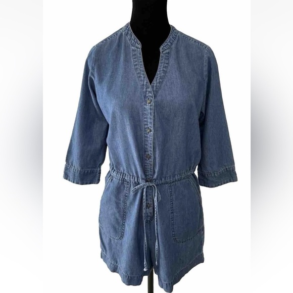 Express Sm. Romper Blue Denim Look Pockets Drawstring Waist Button Front V-Neck - Picture 1 of 9